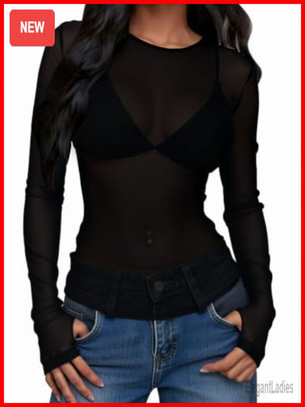 Sheer Mesh Long Sleeve Top Thumb Hole Slim Fit Crewneck